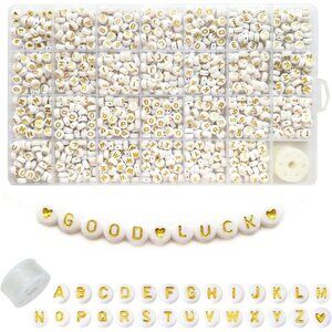 1400pcs Letter Beads A-Z 4x7mm White On Gold Round Acrylic Alphabet Heart Beads